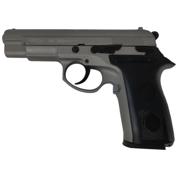 Black handgun on a white background