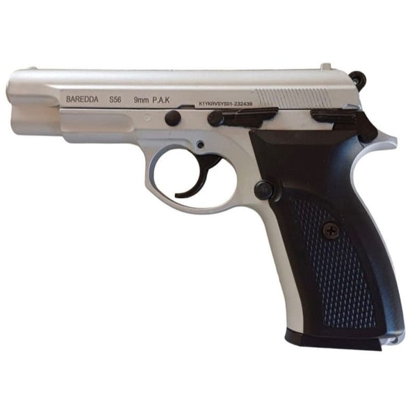 Silver handgun with black grip on a white background